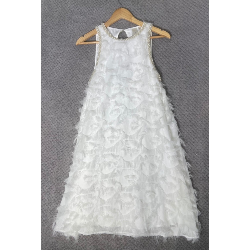 Y.A.S Dress Girls Large White Pearl Trim Faux Feather Flower Girl Formal Wedding